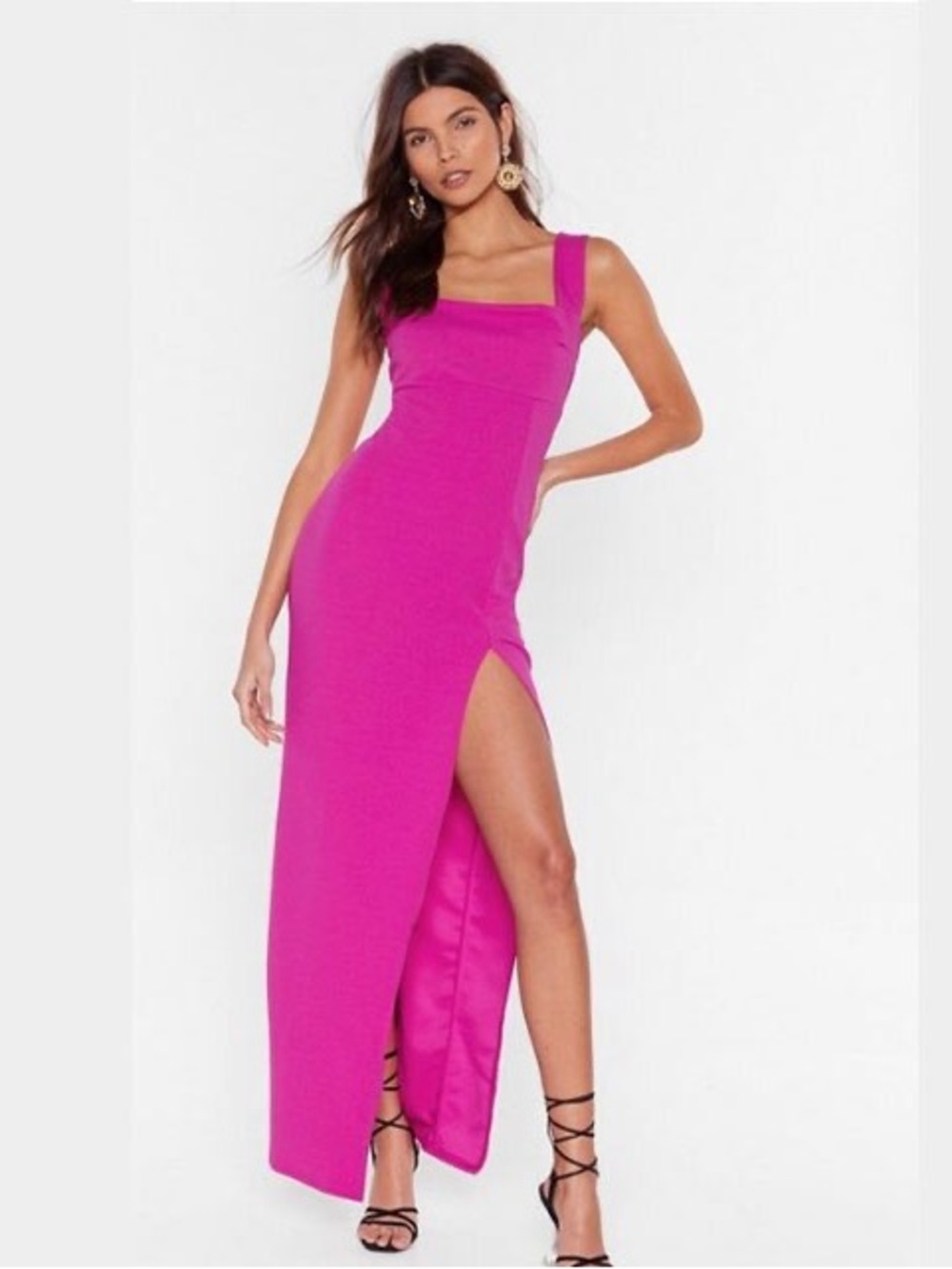 Fuchsia Pink Square-Neck High-Slit Maxi Dress